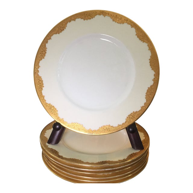 Minton Gold Encrusted Dinner Plates, Davis Collamore New York, Pattern H2564 - Set of 7 For Sale