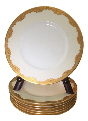 Minton Gold Encrusted Dinner Plates, Davis Collamore New York, Pattern H2564 - Set of 7