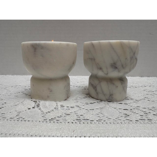 Stone Set of Two White Alabaster Candleholders, a Pair For Sale - Image 7 of 9