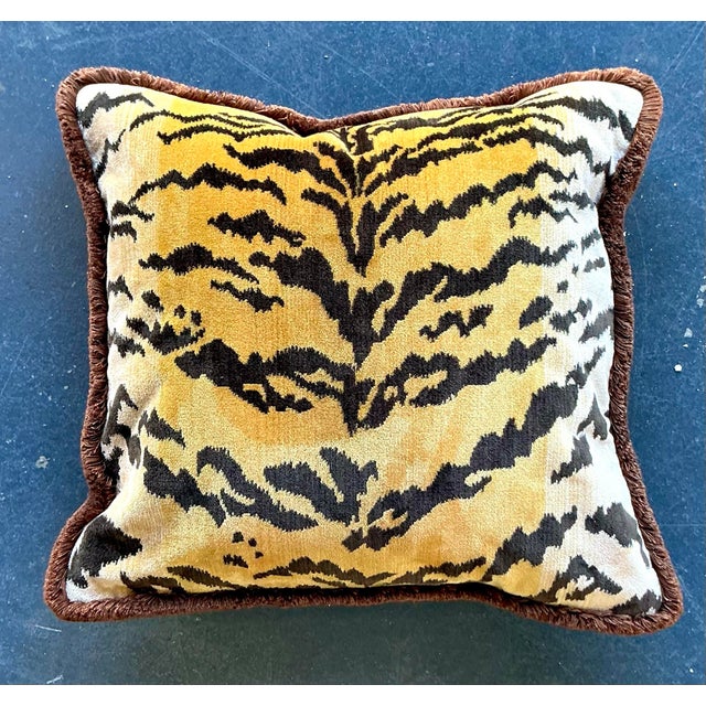 Vintage Regency Scalamandre “Le Tigre” Velvet Throw Pillow With Caterpillar Fringe For Sale - Image 9 of 12