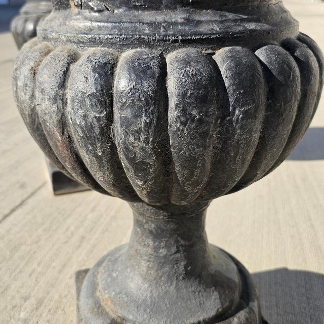 Large Antique Classical Cast Iron Garden Urn Planter a-Pair For Sale - Image 15 of 18