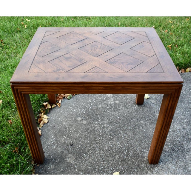 Henredon Oak Square Table Parquet Top Reeded Parsons Legs Mid Century End For Sale - Image 9 of 14