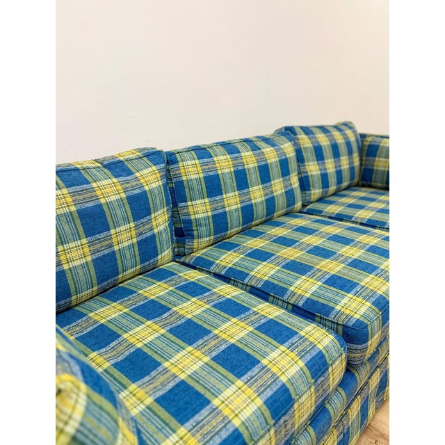 Blue Vintage MCM Retro Plaid Sofa in Electric Blue and Green With Nailhead Trim For Sale - Image 8 of 13