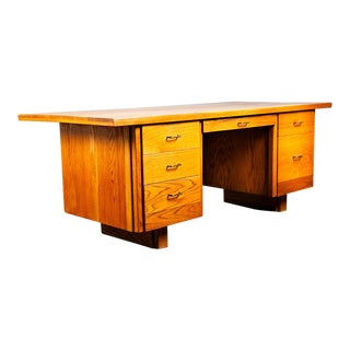 1960s Vintage Mid Century Modern Oak Brass Drawers Office Executive Desk, Denmark For Sale