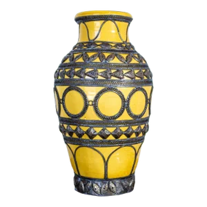 Antique Moroccan Ceramic Vase Bright Yellow With Metal Moorish Filigree Overlaid