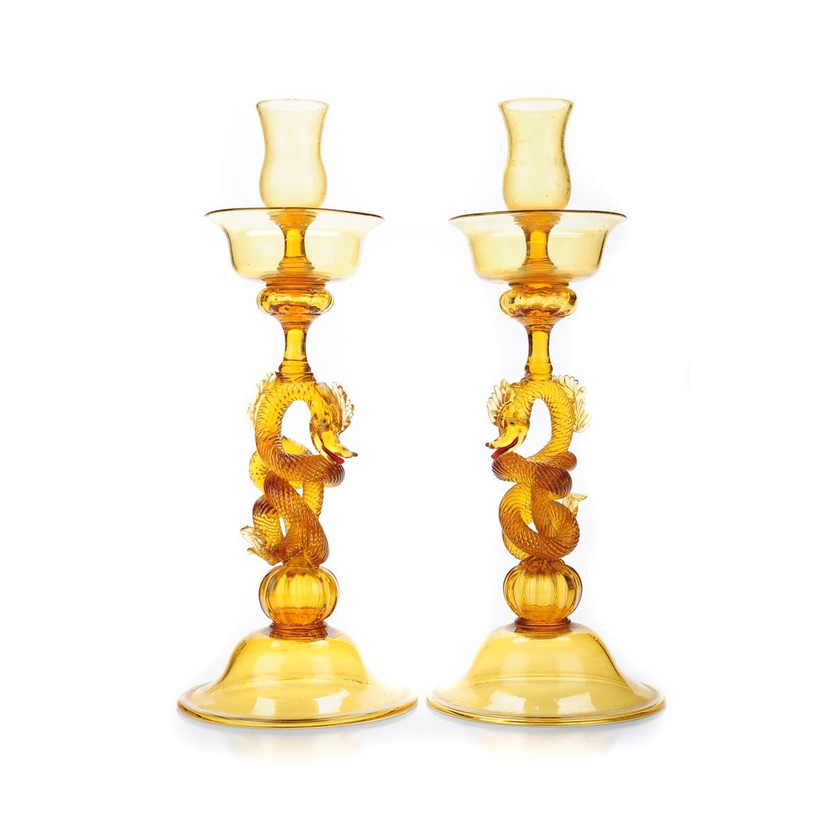 Dragon Motif Amber Glass Candleholders A Pair Chairish