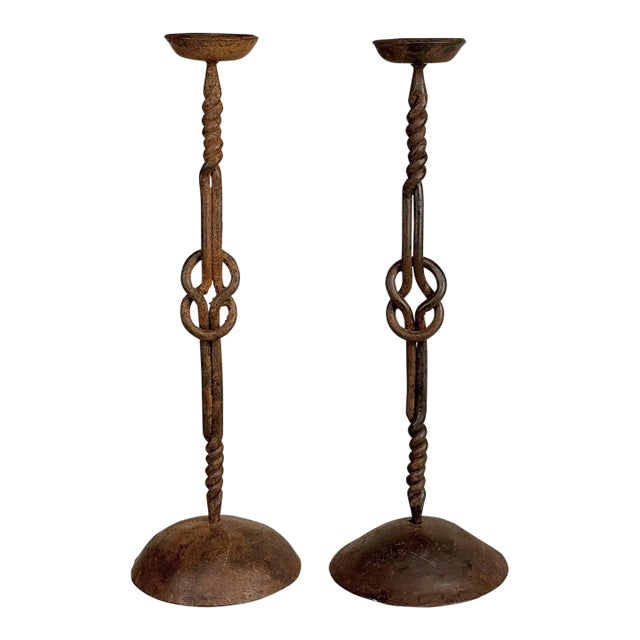 Antique Arts & Crafts Wrought Iron Forged Mantle Candlestick Holders - A Pair For Sale