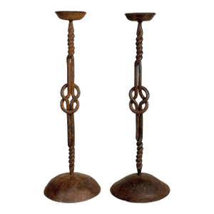 Antique Arts & Crafts Wrought Iron Forged Mantle Candlestick Holders - A Pair