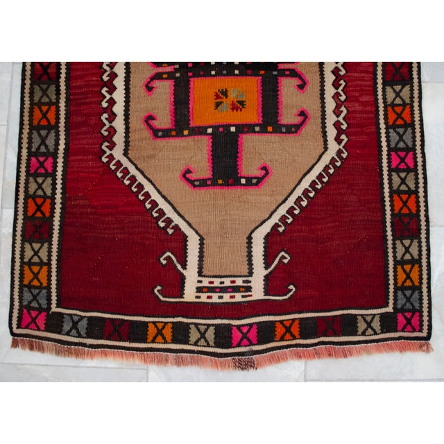 Authentic Kars Kilim Rug, Red and Earth Tone Turkish Rug, Small Living Room Kilim, Rare Personal Village Weave, 1970s Anatolian Rug 4x5 Ft Approx For Sale - Image 10 of 16