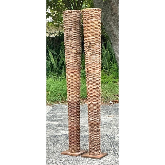 Vintage Boho Woven Rattan Tall Floor Vases - A Pair For Sale In West Palm - Image 6 of 8
