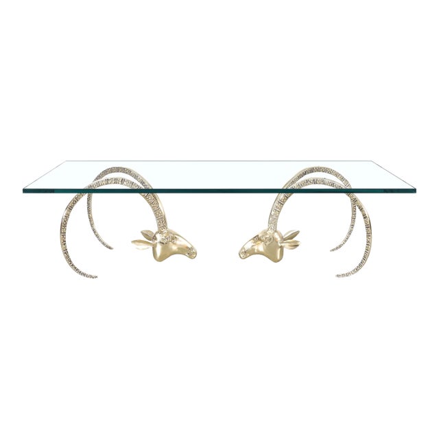 Mid-Century Modern Brass Ibex Ram's Head Coffee Table Styled After Alain Chervet For Sale