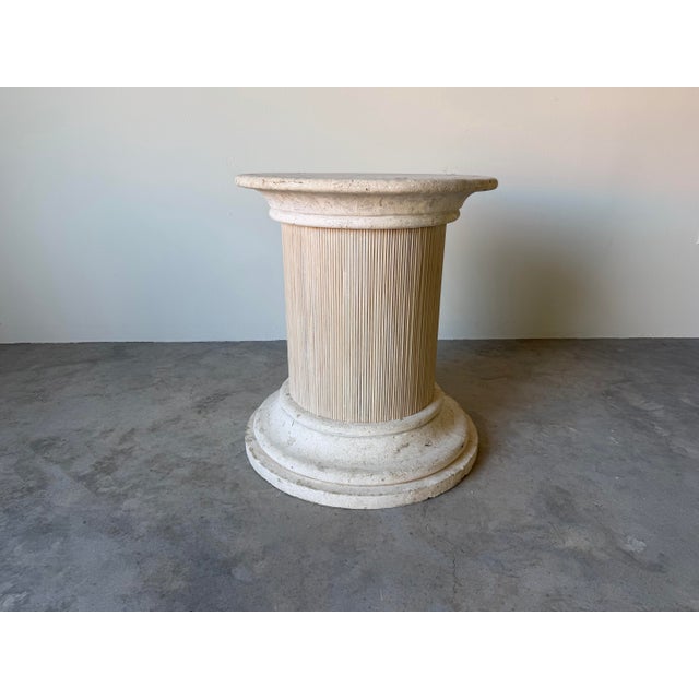 Beautiful vintage coastal-style pedestal dining table base featuring a substantial coquina coral stone top and base with a...