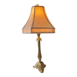 Vintage Table Lamp Gold Tone Traditional Hollywood Regency Decorative Table Lamp Vintage Lighting Floral Motif Damask Shade For Sale