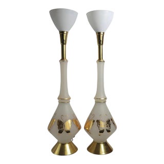 Pr. Tall Frosted Glass Table Lamps With Gold Butterflies For Sale