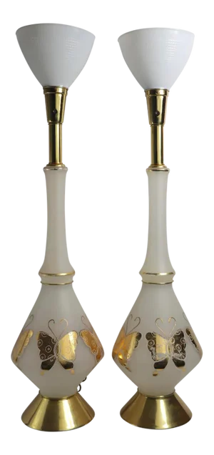 Pr. Tall Frosted Glass Table Lamps With Gold Butterflies