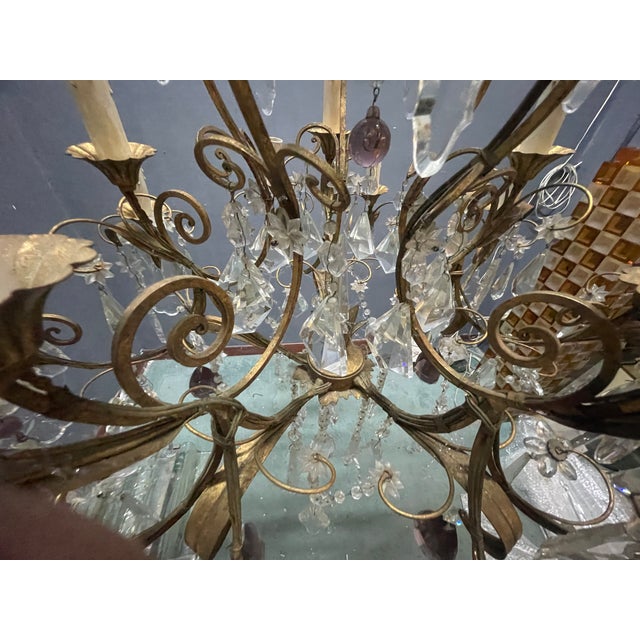 Large Florentine Tole Chandelier with Murano Glass Flowers, Italy, 1950s For Sale - Image 12 of 18