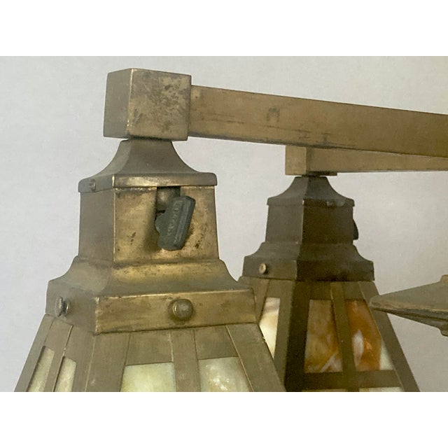 Brass Antique Arts & Crafts Mission 4-Light Brass Chandelier With Colorful "Slag Glass" Shades For Sale - Image 8 of 9