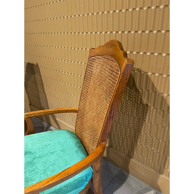 Mid 20th Century Pair of Mid-Century Transitional Cane Back Armchairs in Everfast Billaird Green Chenille (Thomasville Ceremony Style) - Set of 2 For Sale - Image 5 of 12