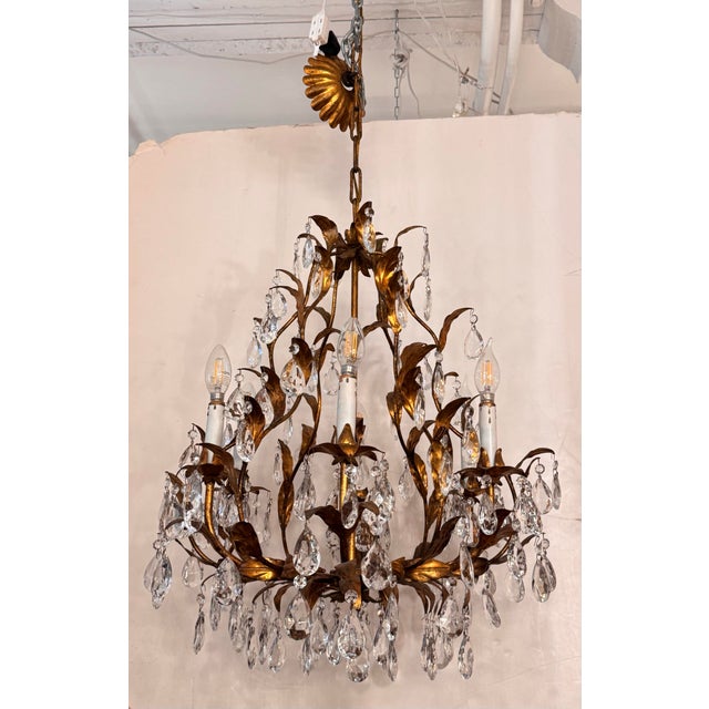Late 20th Century Vintage Italian Gilt Tole Crystal Chandelier For Sale - Image 5 of 12