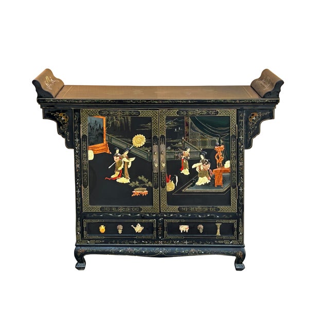 Asian Vintage Chinoiseries Black & Stone Inlay Graphic Credenza Storage Cabinet For Sale - Image 3 of 12