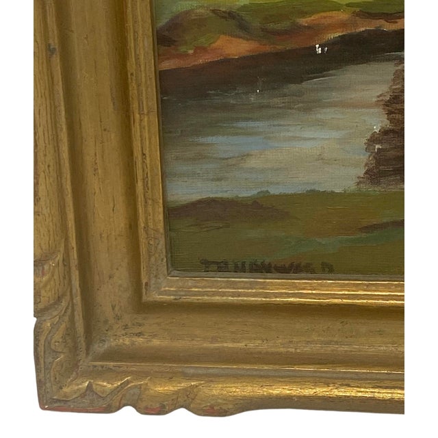 Green Mid 20th Century Gold Wood Framed Oil on Board “Rustic Landscape” by Artist T. H. Hayward For Sale - Image 8 of 12