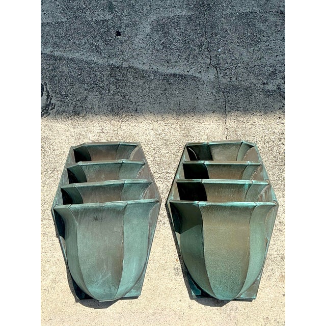 Vintage Stacked Patinated Copper Sconces - A Pair For Sale - Image 11 of 12