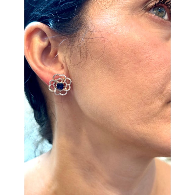 1 Carat Each Sapphire Diamond Flower/Cluster Earring 14 Karat Rose Gold For Sale - Image 14 of 18