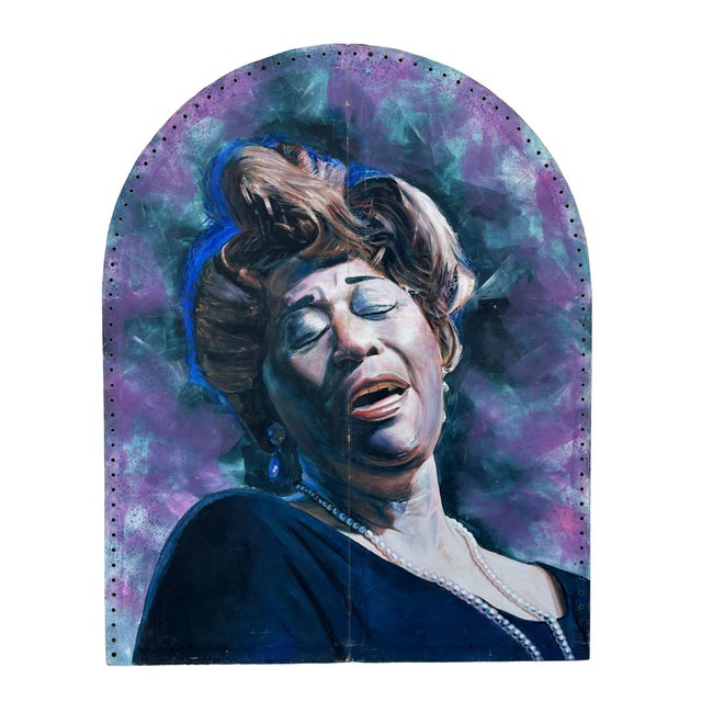 1980s 10' Foot Tall Oil on Canvas Portrait of Ella Fitzgerald - verso signed by Kenmark For Sale