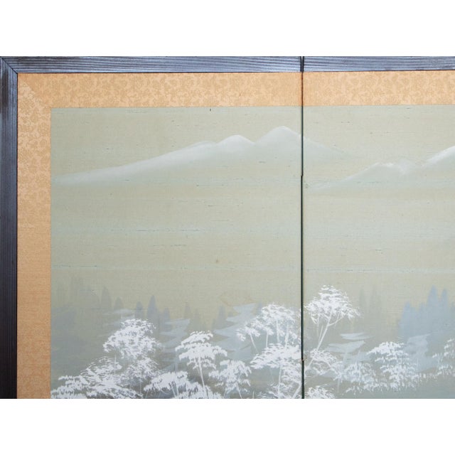 1960s Shōwa Era Japanese Silk Byobu Screen "Mountain Landscape in Winter" For Sale In Dallas - Image 6 of 18