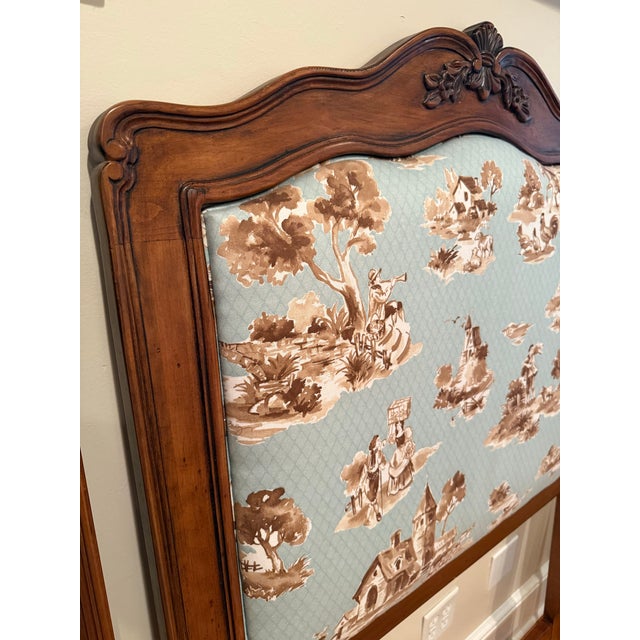 Beautiful pair of upholstered, French-style twin headboards by Drexel and made in the U.S.A. The blue toile fabric is in...