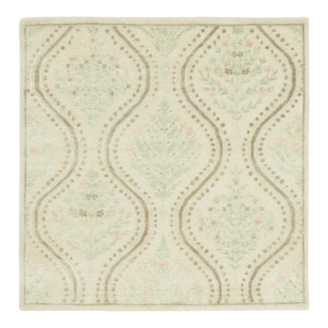 Contemporary Block Print Floral Natural Silk Square Rug by Rug & Kilim, India For Sale