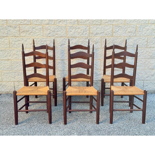 French Provincial Mid 20th Century Set of 6 French Provincial Ladderback Dining Chairs With Rush Seats For Sale - Image 3 of 12