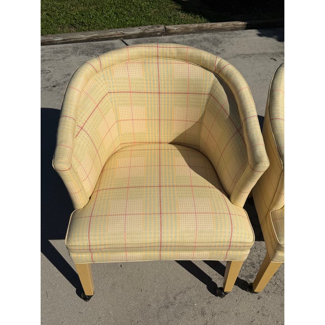 Wood Vintage Sherrill Furniture Bucket Dining Chairs on Casters in Plaid Upholstery, Set of 4 For Sale - Image 7 of 16