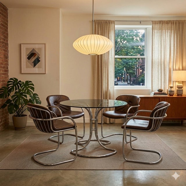 An elegant and highly recognizable dining set by Gastone Rinaldi, produced in Italy during the 1970s. The table features a...