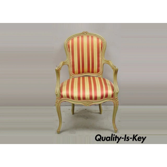 Vtg French Louis XV Style Green & Pink Painted Arm Chair Fauteuil Striped Fabric For Sale - Image 13 of 13