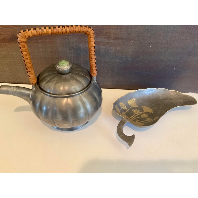 Vintage Art Deco Pewter Set, Teapot & Lotus Leaf Dish - Set of 2 For Sale In Palm Springs - Image 6 of 13