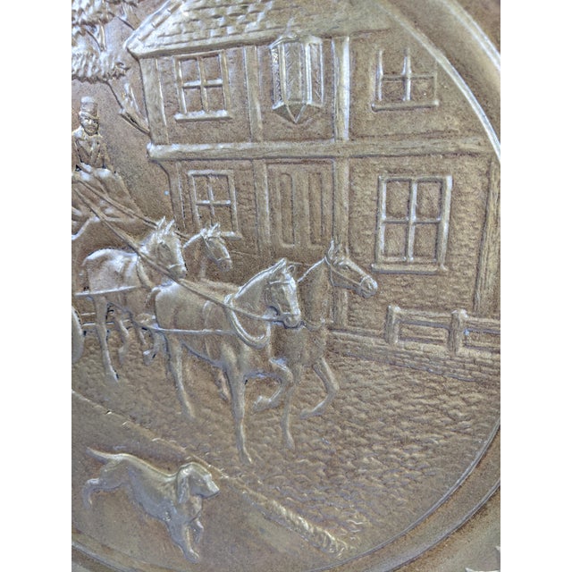 Vintage English Embossed Brass Wall Charger With Horse-Drawn Coach Scene, 23" For Sale - Image 4 of 15
