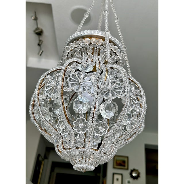 1960s Sherle Wagner Crystal Beaded Basket Pendant Chandelier With Beaded Canopy For Sale - Image 5 of 18