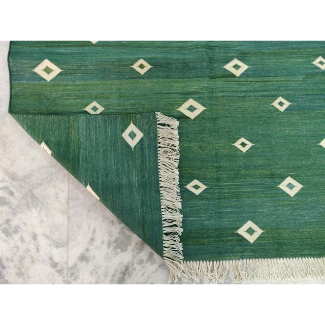Handmade Cotton Forest Green Diamond Runner, Green and White -3'x12' For Sale - Image 6 of 7