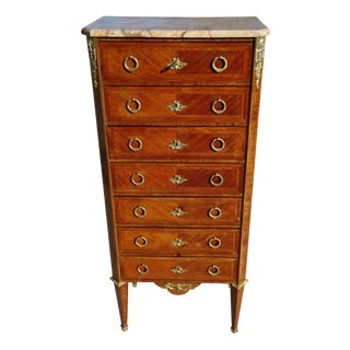 Louis XVI Marquetry Chest of Drawers in Wood with Bronze and Marble For Sale