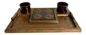 Vintage Tile and Wood Serving Tray With Ceramic Bowls - 3 Pc. Set