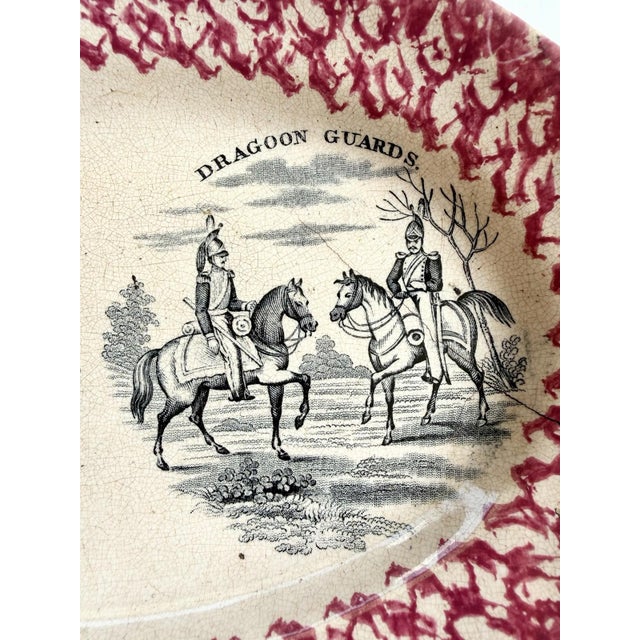 Antique Red Transfer & Sponge Ware Platter Awkward Squad/ Dragoon Guards Military For Sale - Image 4 of 11