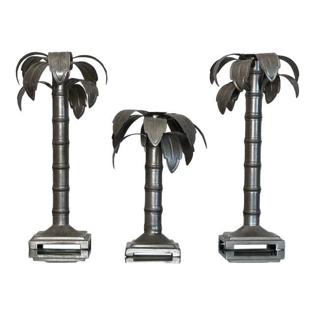 Coastal Regency Style Palm Tree Galvanized Aluminum Candlesticks, Set of 3 For Sale