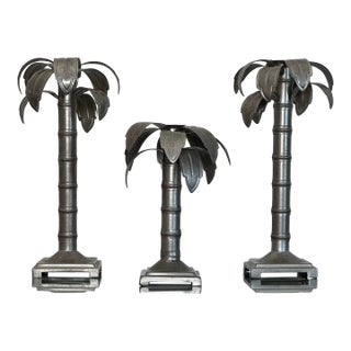 Vintage Coastal Regency Style Palm Tree Galvanized Aluminum Candlesticks, Set of 3 For Sale
