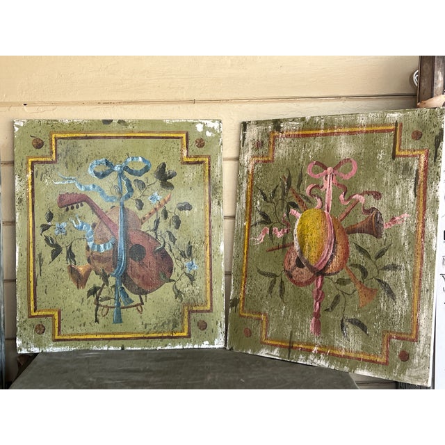 Pair of Large French Louis XVI Style Painted Oil on Wood Trophy Paintings For Sale - Image 4 of 10