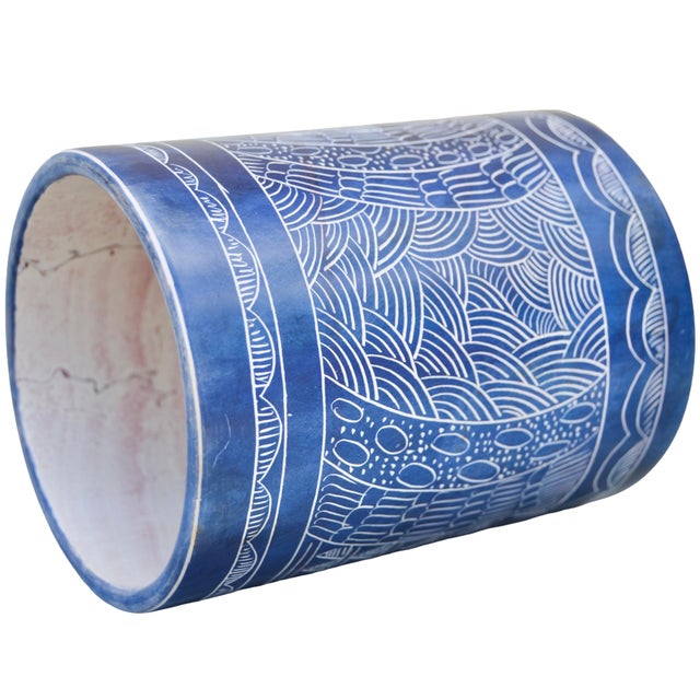Late 20th Century Vintage Handmade West-African Blue-Patterned Soapstone Accent Catchall For Sale - Image 5 of 7