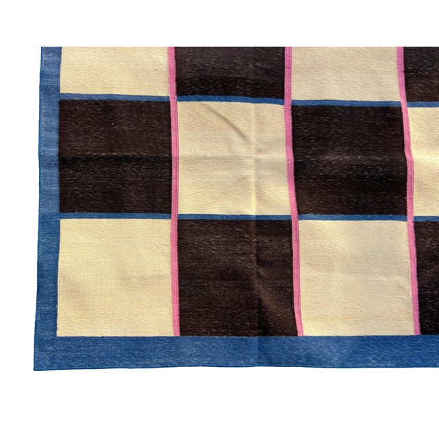 Handmade Reversible Cotton Vegetable Dyed Cream, Brown and Blue Checker Board Area Rug-8'x8' For Sale - Image 10 of 12
