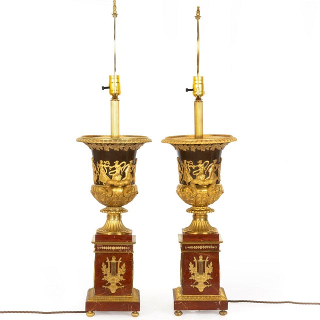 Pair of French 19th Century Neoclassical Bronze and Red Marble Lamps For Sale - Image 4 of 12