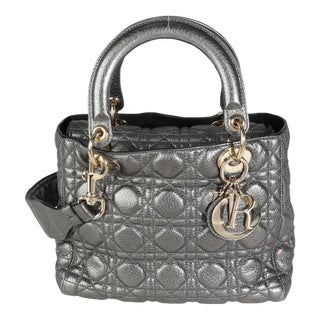 Metallic Silver Supple Cannage Leather Medium Lady Dior Tote For Sale