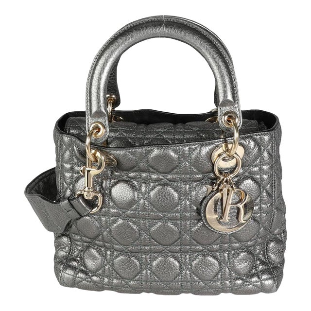 Metallic Silver Supple Cannage Leather Medium Lady Dior Tote For Sale